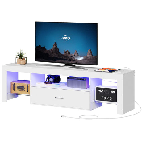 HOOBRO LED TV Stand with Power Outlets to 65 inch TV, Gaming Entertainment Center with Glass Shelves and Large Drawer, Modern Media TV Console Table for Living Room Bedroom, White WT14UDDS01 HOOBRO