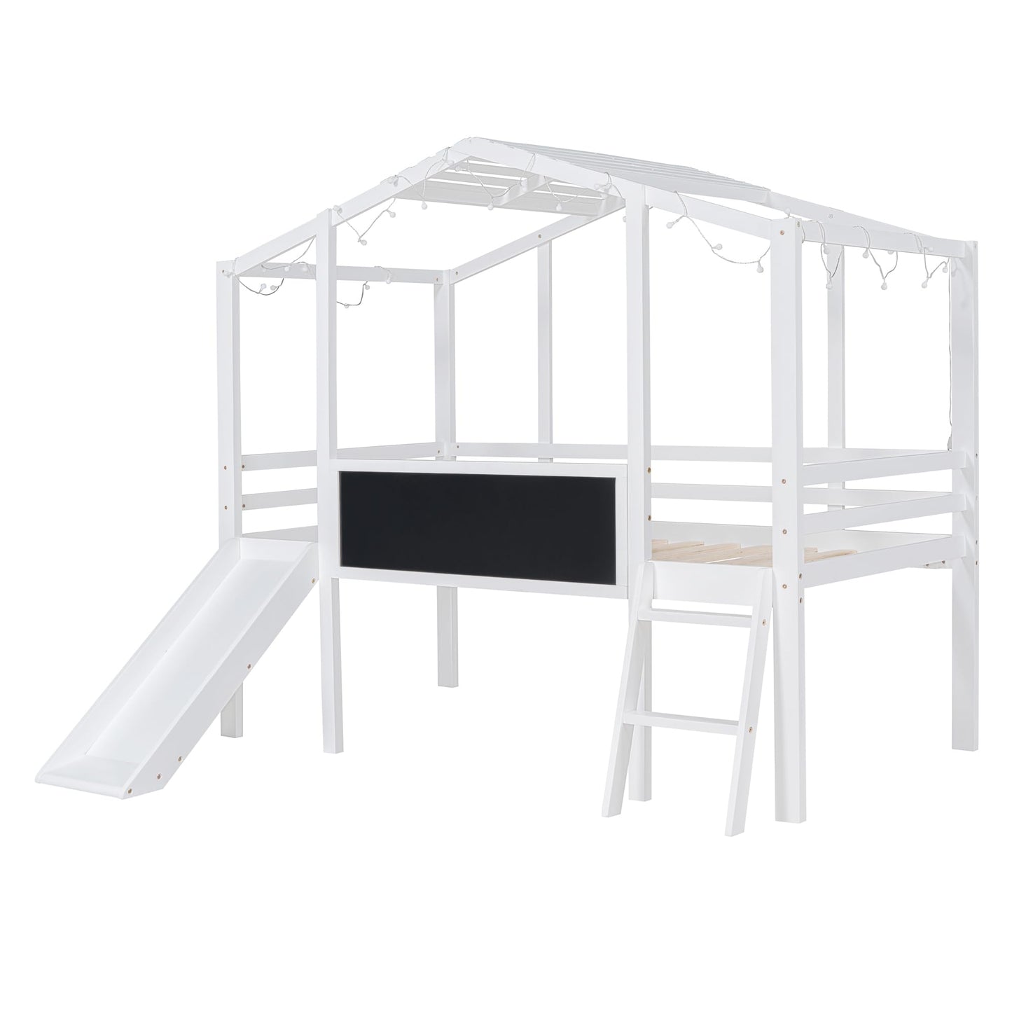 Harper & Bright Designs Kids House Loft Bed with Slide, Twin Size Low Loft Bed with LED Lights & Blackboard, Wood Playhouse Loft Bed with Ladder and Slats Support, for Kids Boys Girls, White