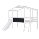 Harper & Bright Designs Kids House Loft Bed with Slide, Twin Size Low Loft Bed with LED Lights & Blackboard, Wood Playhouse Loft Bed with Ladder and Slats Support, for Kids Boys Girls, White Harper & Bright Designs