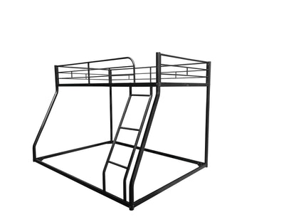 UOCFYK Twin Over Full Floor Bunk Bed, Metal Low Profile Bunk Bed Frame with Ladder and Guardrails, Wood Slat Support, No Noise, Easy Climbing & Assembled, Black