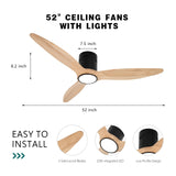 OUATER Wood Flush Mount Ceiling Fan with Light,52 inch Low Profile Modern Ceiling Fans for Outdoor/Patios/Bedroom/Office,3 color light,6 Speed,DC Motor,Wood and Modern Matte Black OUATER