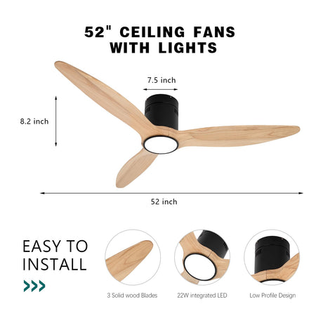 OUATER Wood Flush Mount Ceiling Fan with Light,52 inch Low Profile Modern Ceiling Fans for Outdoor/Patios/Bedroom/Office,3 color light,6 Speed,DC Motor,Wood and Modern Matte Black OUATER