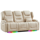 DRMBOOK RV Power Loveseat Recliner Sofa, Leathaire Fabric 3-Seater Wall Hugger Reclining Sofa, Home Theater Seating Chair with Cup Holders, 3 Person Couch RV Furniture for Living Room, Beige DRMBOOK