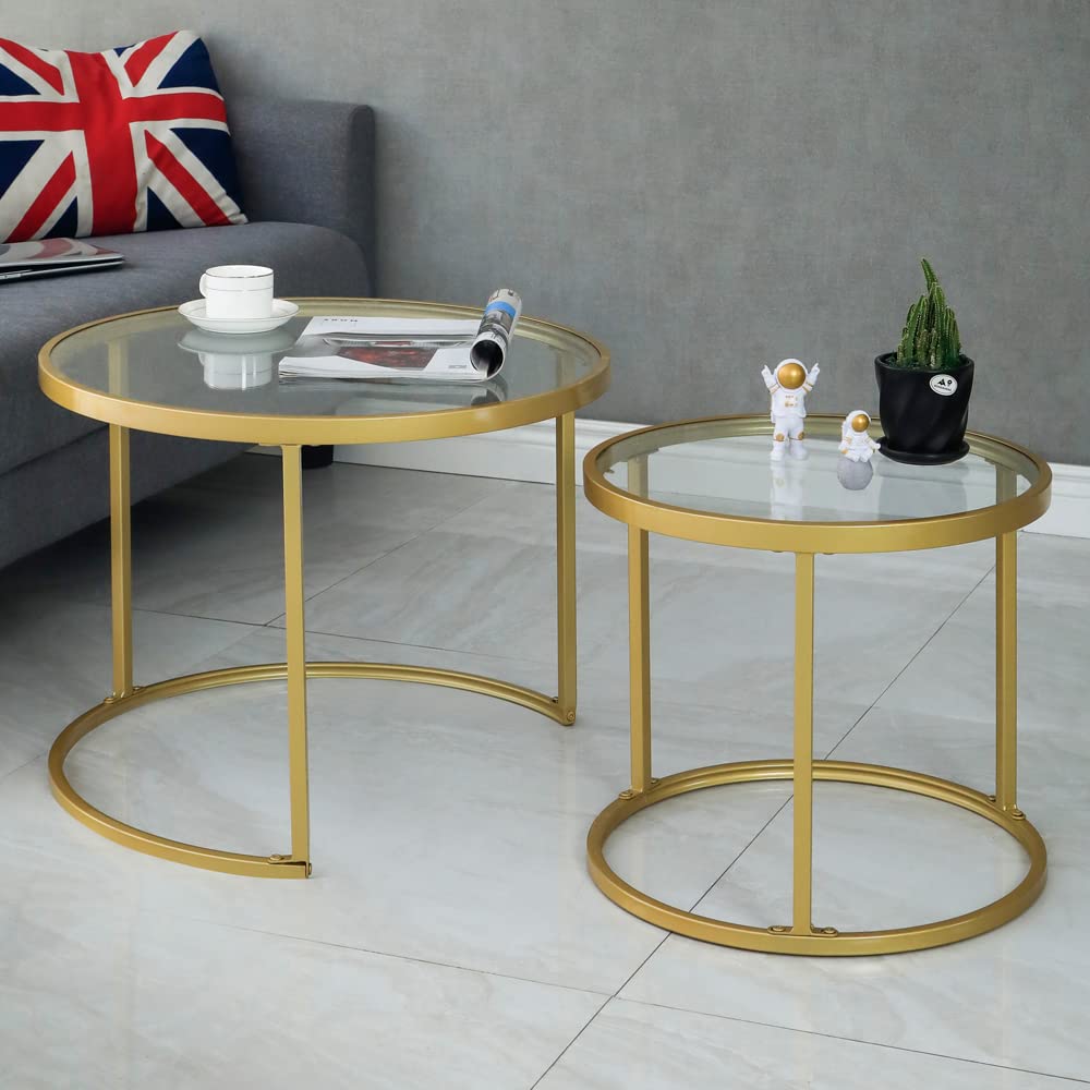 Round Nesting Coffee Table Gold Set of 2 for Living Room, Modern Side Tables with Sturdy Metal Frame and Tempered Glass.Minimalist End Table,Cocktail Table for Dining Room,Home Decor MAIKAILUN