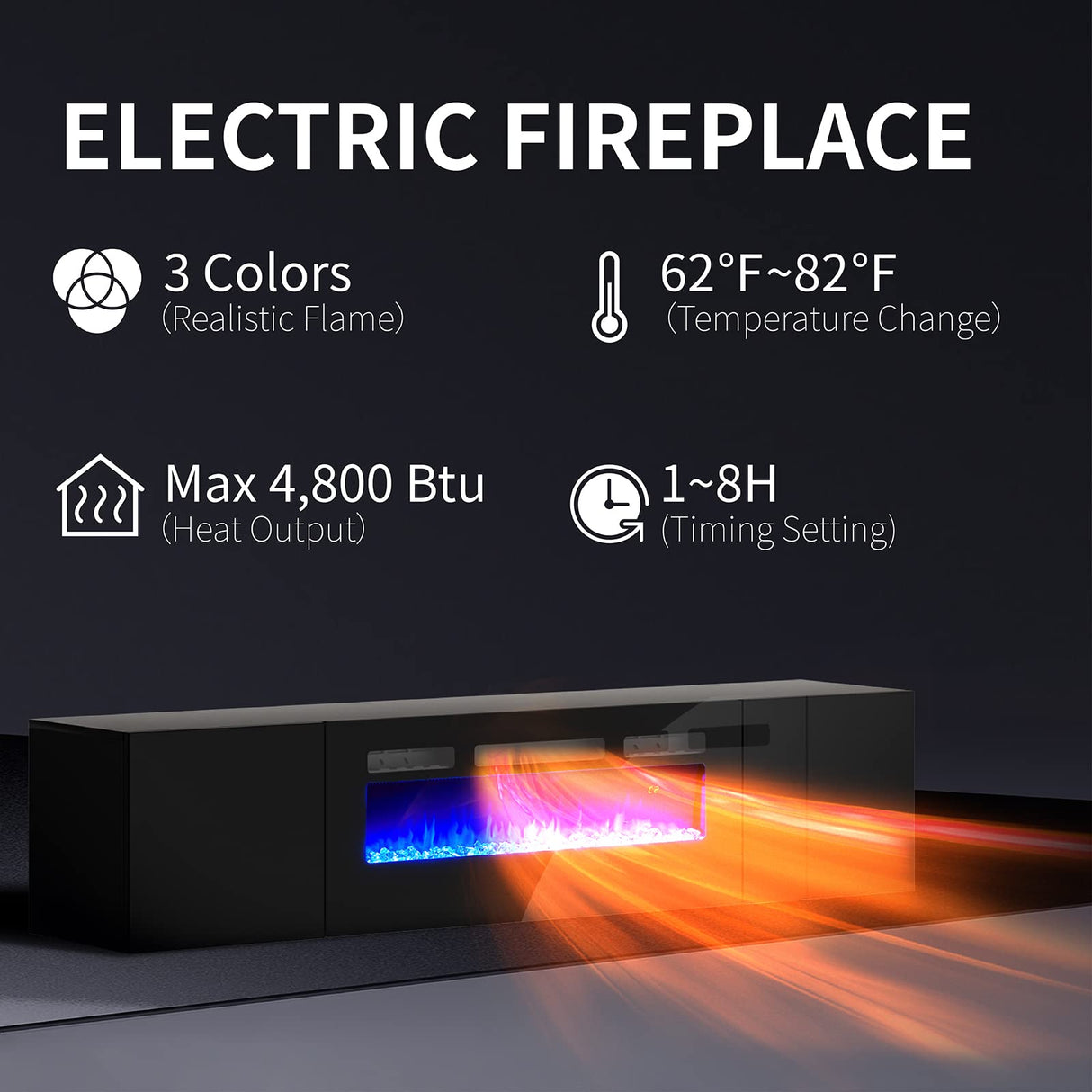 AMERLIFE High Gloss Living Room Entertainment Center with LED Lights, Including Floating Fireplace TV Stand with 36" Electric Fireplace & 2 Bookcases with Glass Doors, Black AMERLIFE