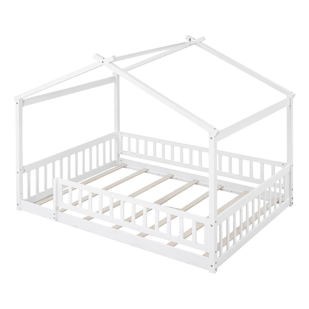 House Bed Full Size Floor Bed with Fence Railings, Wooden Montessori Style Bed Frame for Kids, Fun Playhouse Beds for Girls Boys, White Bellemave