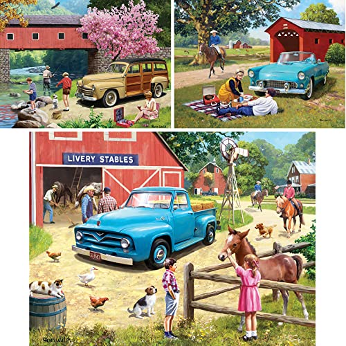 Bits and Pieces 3 Jigsaw Puzzle Set - 300 Piece Puzzles for Adults - Vintage Cars Set - 18" x 24" Jigsaw Puzzles - Summer Country - Random Die Cut Pieces No 2 are Alike Bits and Pieces