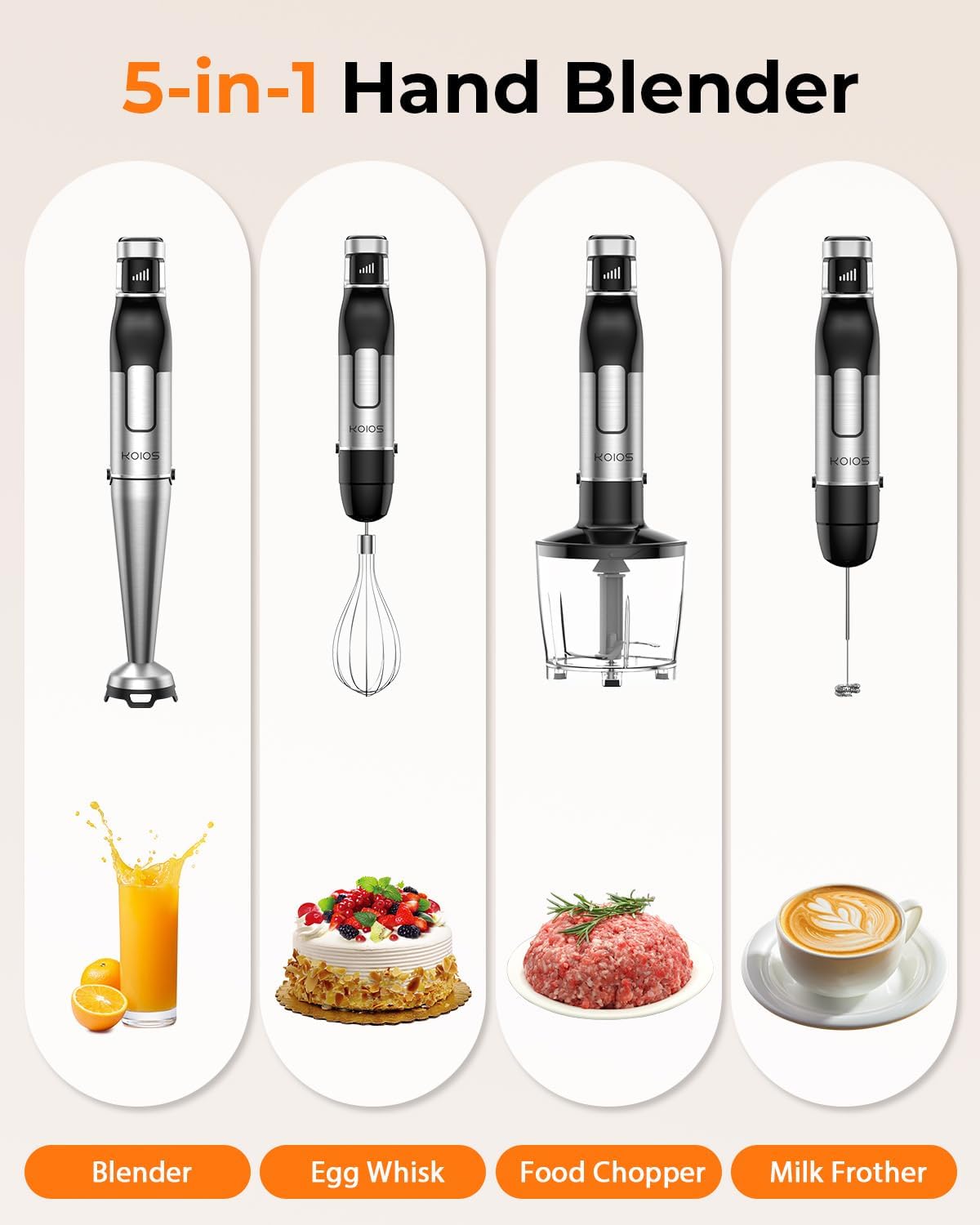 KOIOS Immersion Blender, 1100W Trigger Variable Speed Hand Blender, 5-in-1 Immersion Blender Handheld, Anti-scratch Stick Blender with Chopper, Whisk, Beaker and Frother, Non-BPA KOIOS