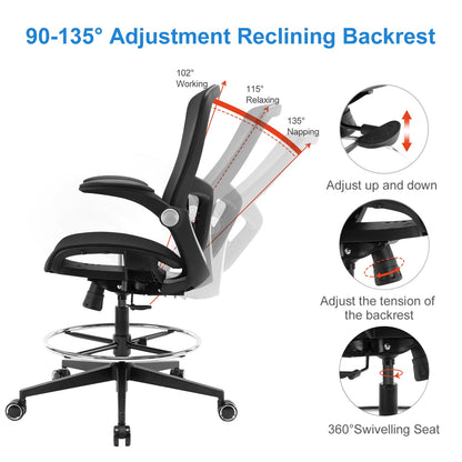 Office Drafting Chair,Ergonomic Tall Office Desk Chair,Adjustable Standing Desk Stool Chair,Executive Computer Chair with Footrest Ring and Lumbar Support (Black)