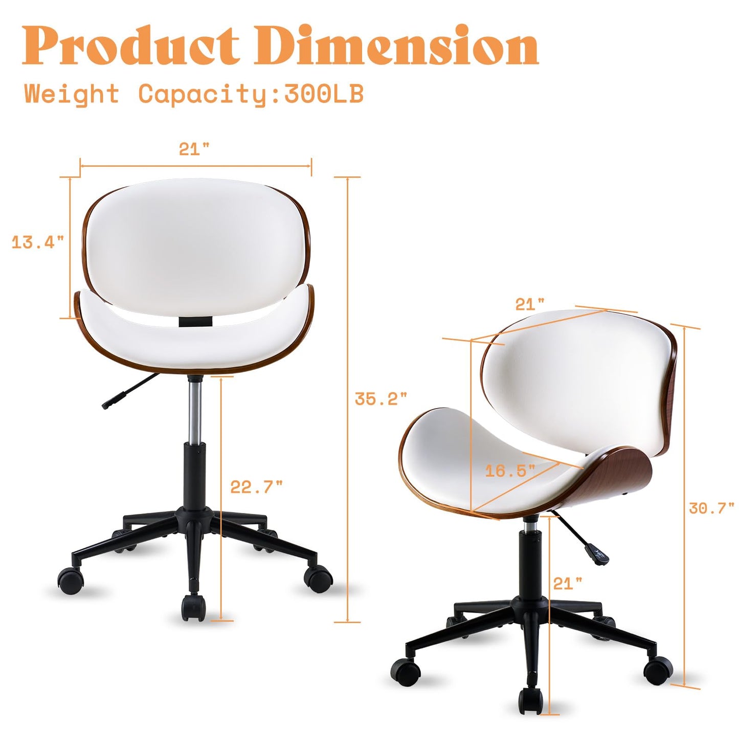 AMERLIFE Home Office Chair Set of 2, PU Leather Desk Chair, Modern Swivel Chair with Curved Back, Armless Desk Chair with Wheels for Home Office, White