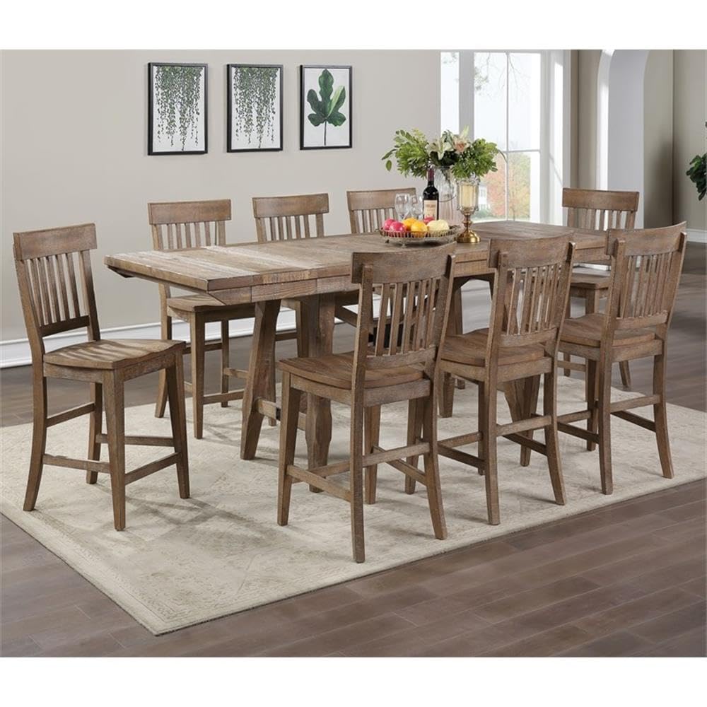Steve Silver Furniture Riverdale Counter Height 9pc Set, 72"-96" Rectangular Table w/Two 12" Leaves, 8 Wooden Counter Chairs, Rustic/Farmhouse Design, Dining Room, 72" L x 36'" W x 36" H, Brown Steve Silver