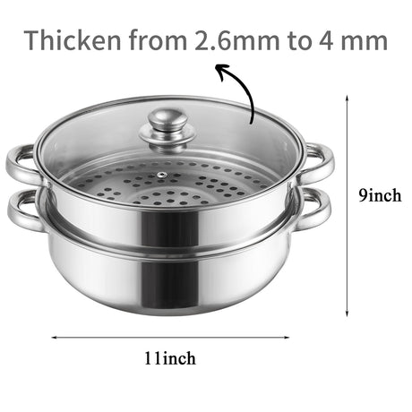 ZENFUN Steamer for Cooking, Steamer Pot with Steamer Insert, 2 Tier Stack and Steam Pot Set with Glass Lid, Stainless Steel Steamer Pot Double Handle, 11 Inch（Thickened） ZENFUN