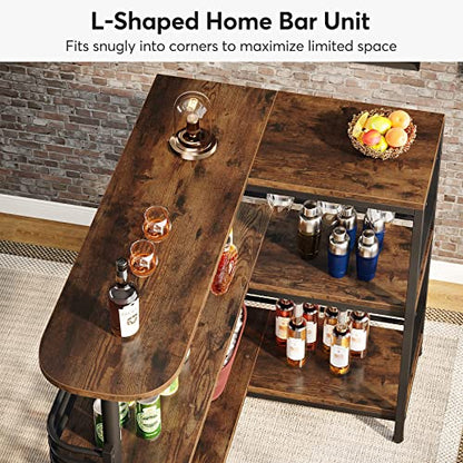 Tribesigns Rustic Brown L-Shaped Home Bar Unit with 3 Tiers and Wine Glass Holder - WoodArtSupply