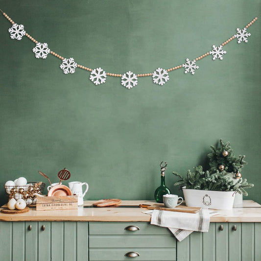 Wooden Christmas Decorations Garland with Snowflakes, Boho Christmas Decor Rustic Wood Garland, DIY Wooden Bead Xmas Garland Decor Winter Banner Decor for Tree Mantle Fireplace Wall (White)