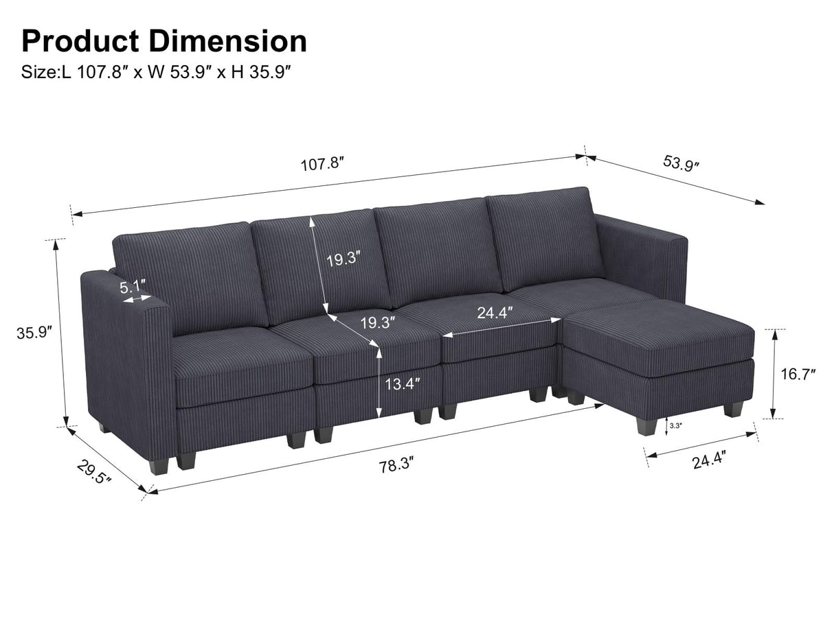 Belffin Modular Sectional Couch with Storage Ottoman L Shape Corduroy Sectional Sofa with Chaise Convertible Modern Sectional Sofa Couch Dark Grey Belffin