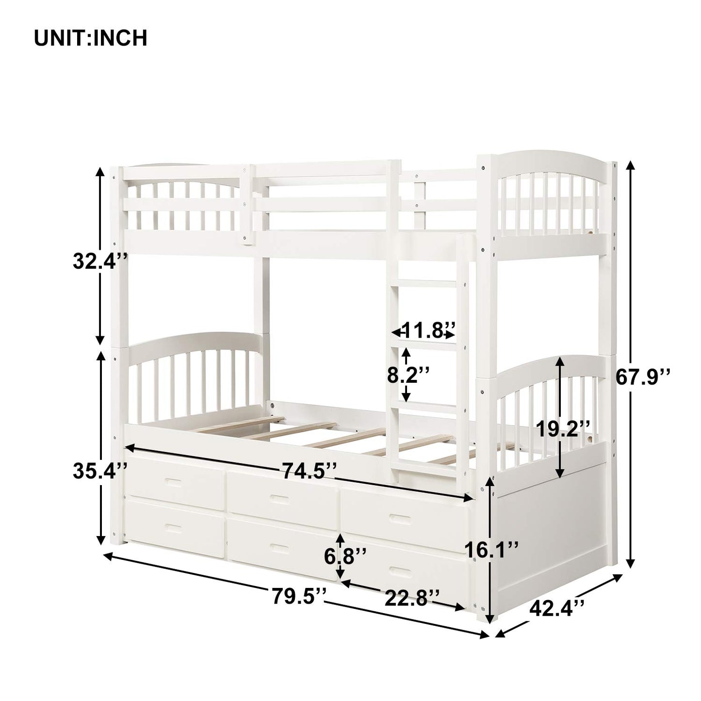 Harper&Bright Designs Twin Over Twin Bunk Bed with Safety Rail, Ladder, White Twin Trundle Bed with 3 Drawers for Kids, Teens Bedroom, Guest Room Furniture