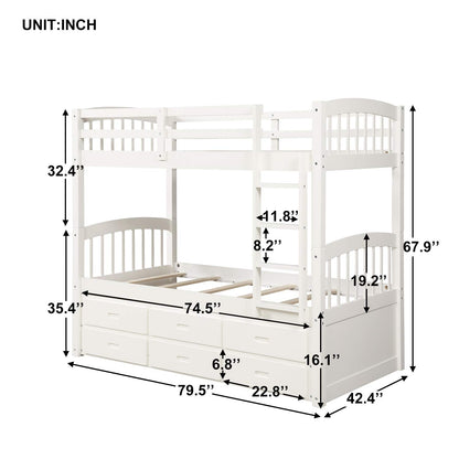 Harper&Bright Designs Twin Over Twin Bunk Bed with Safety Rail, Ladder, White Twin Trundle Bed with 3 Drawers for Kids, Teens Bedroom, Guest Room Furniture