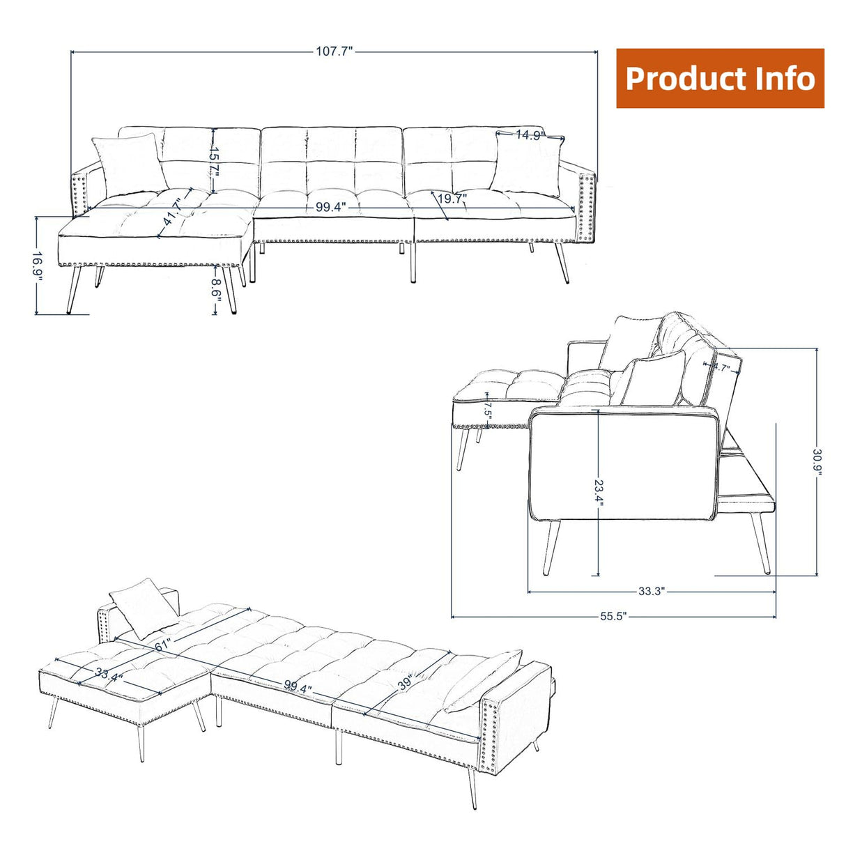 GlasFlength Sectional Couches for Living Room - Convertible Sleeper Sofa Bed, Reversible Chaise Lounge, Nailhead Decor L-Shaped Sectional Sofa Bed for Home, Office, Apartment - Black GlasFlength