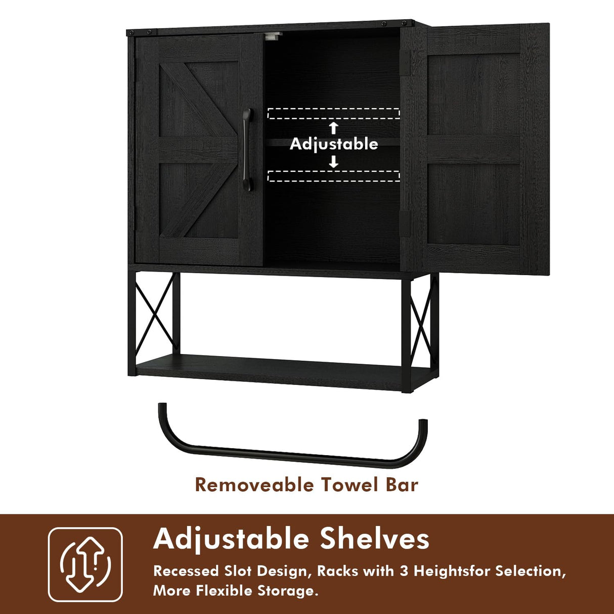 RUSTOWN Farmhouse Medicine Cabinet with 2 Barn Door, Wood Wall Mounted Storage Cabinet with Adjustable Shelf and Towel Bar, 3-Tier Bathroom Cabinet for Bathroom, Living Room(Black, Medium) RUSTOWN