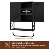 RUSTOWN Farmhouse Medicine Cabinet with 2 Barn Door, Wood Wall Mounted Storage Cabinet with Adjustable Shelf and Towel Bar, 3-Tier Bathroom Cabinet for Bathroom, Living Room(Black, Medium) RUSTOWN