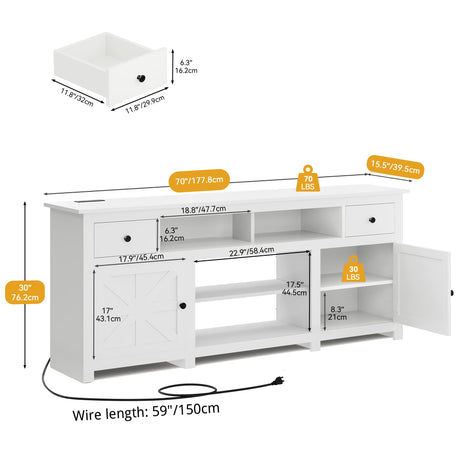 DWVO Farmhouse TV Stand for 75 Inch TV, Entertainment Center with Storage Cabinets, Media Console, TV Table with Drawers, TV Stands for Living Room, White DWVO
