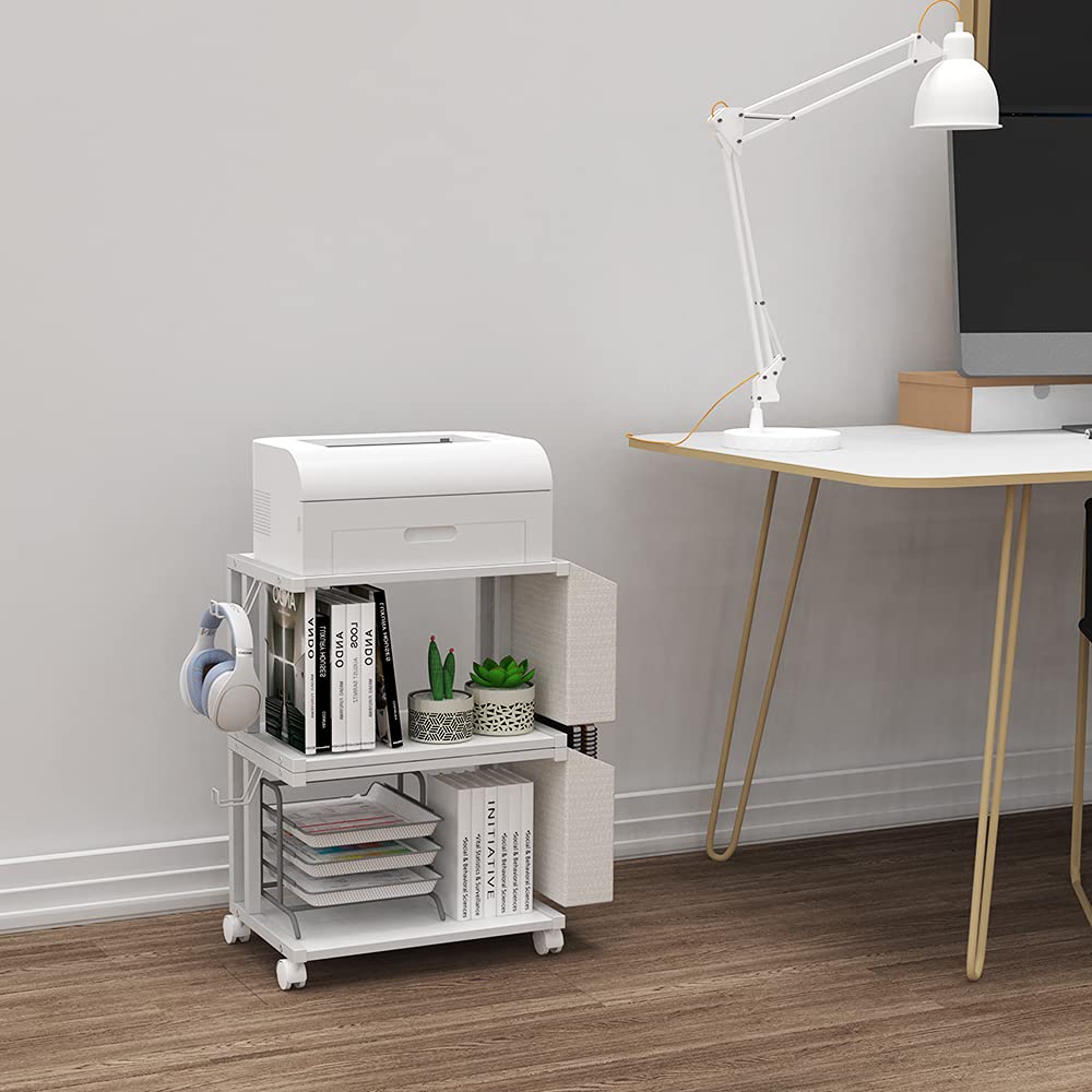 VEDECASA 2 Tier Modern White Wooden Under Desk Printer Stand with Storage Bag for Home Office Desktop Printer Table Organizer Mobile Printer Shelf Cart with Caster Wheel (White) - WoodArtSupply