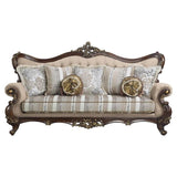 Acme Ragnar Sofa with 7 Pillows in Light Brown Fabric and Cherry Acme