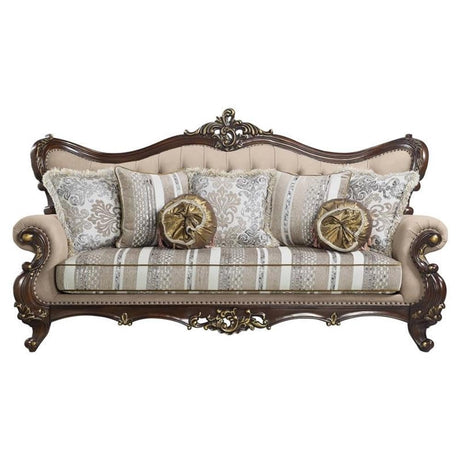 Acme Ragnar Sofa with 7 Pillows in Light Brown Fabric and Cherry Acme