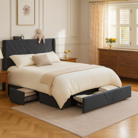 COMHOMA King Size Metal Bed Frame with Upholstered Headboard,Storage Drawers,USB & Type-C Charging Ports,No Box Spring Needed,Dark Grey COMHOMA