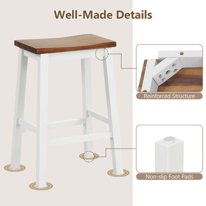 COSTWAY 24.5 Inch Bar Stools Set of 2, Solid Wood Saddle Stools w/Footrests, Industrial Counter Height Breakfast Stools for Kitchen Island, Dining Room, Living Room & Bar, White & Walnut