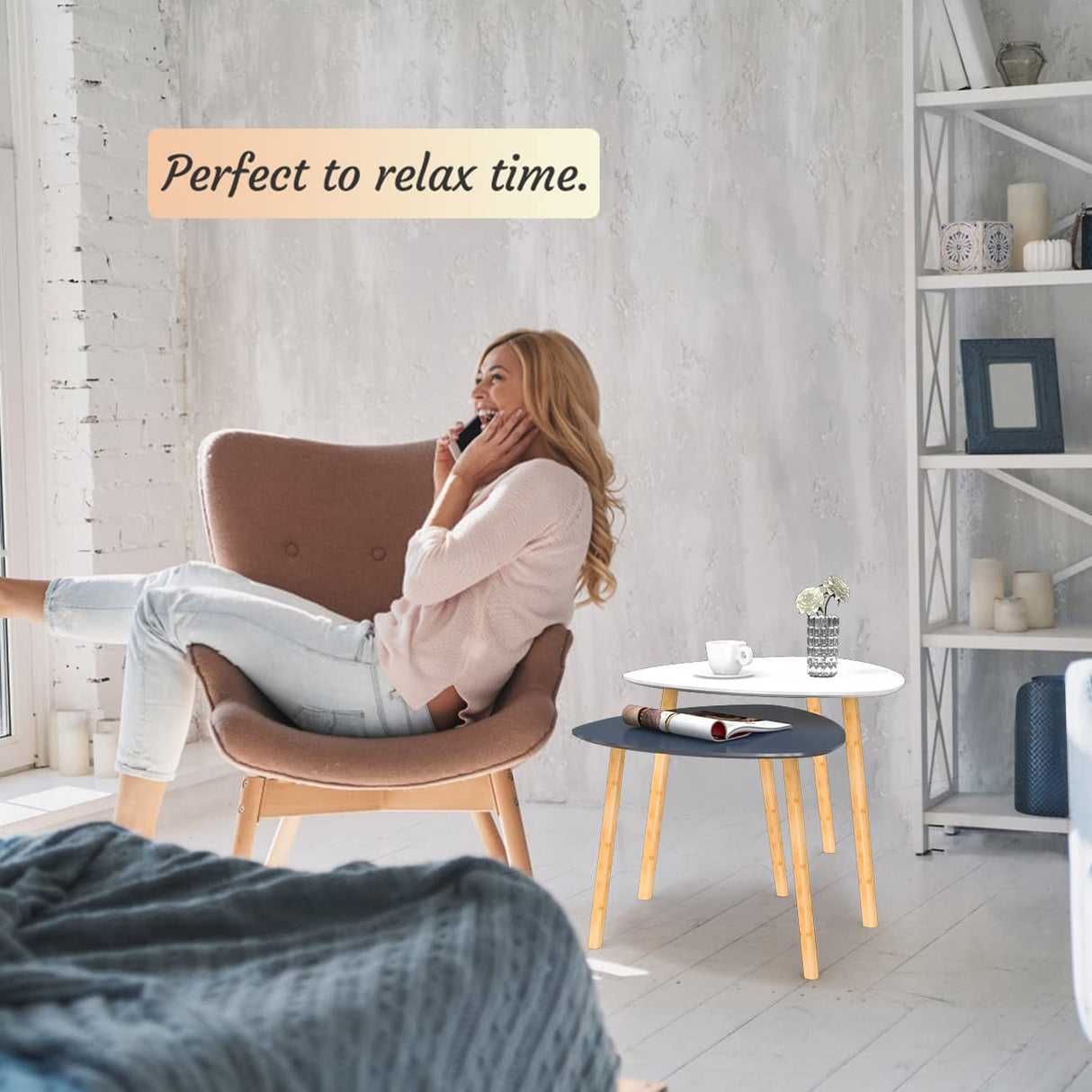 Bambloom Bamboo Nesting Coffee Tables - Small Coffee Table for Living Room, Set of 2 Triangle End Table Modern Side Table for Bedroom Apartment Balcony Yard Small Spaces, (White & Gray) Bambloom