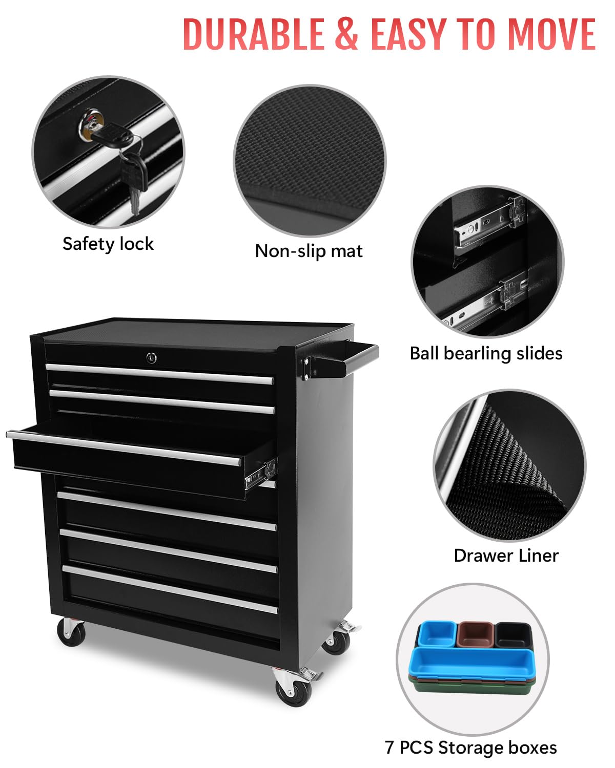Fitenlor Tool Chest, Tool Boxes with 7 Drawers, Tool Cart with 7 Organizer Tray Divider Set & Wheels, Large Rolling Tool Box Organizer for Garage, Workshop, Home Crafts Fitenlor