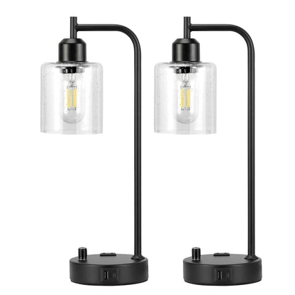 Industrial Table Lamps for Bedrooms Set of 2 - Fully Dimmable Bedside Lamps with USB A and C Ports and Outlet, Black Nightstand Lamps with Glass Shade for Living Room, Desk Lamps for Office R - WoodArtSupply