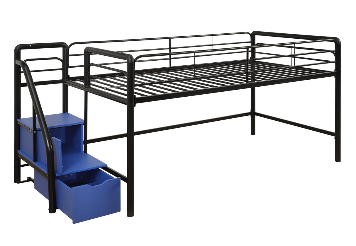 DHP Junior Twin Metal Loft Bed with Storage Steps, Multifunctional Space-Saving Solution - Black with Blue Steps DHP