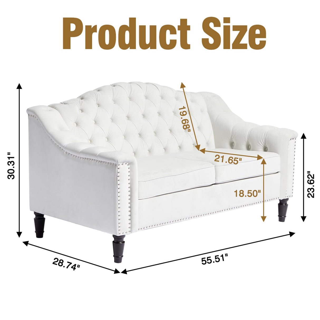 LEVNARY Chesterfield Loveseat Velvet, Upholstered Sofa with Button-Tufted Back, Mid-Century Modern Sofa with Solid Wood Legs, 2 Seater Couches for Living Room (White) LEVNARY