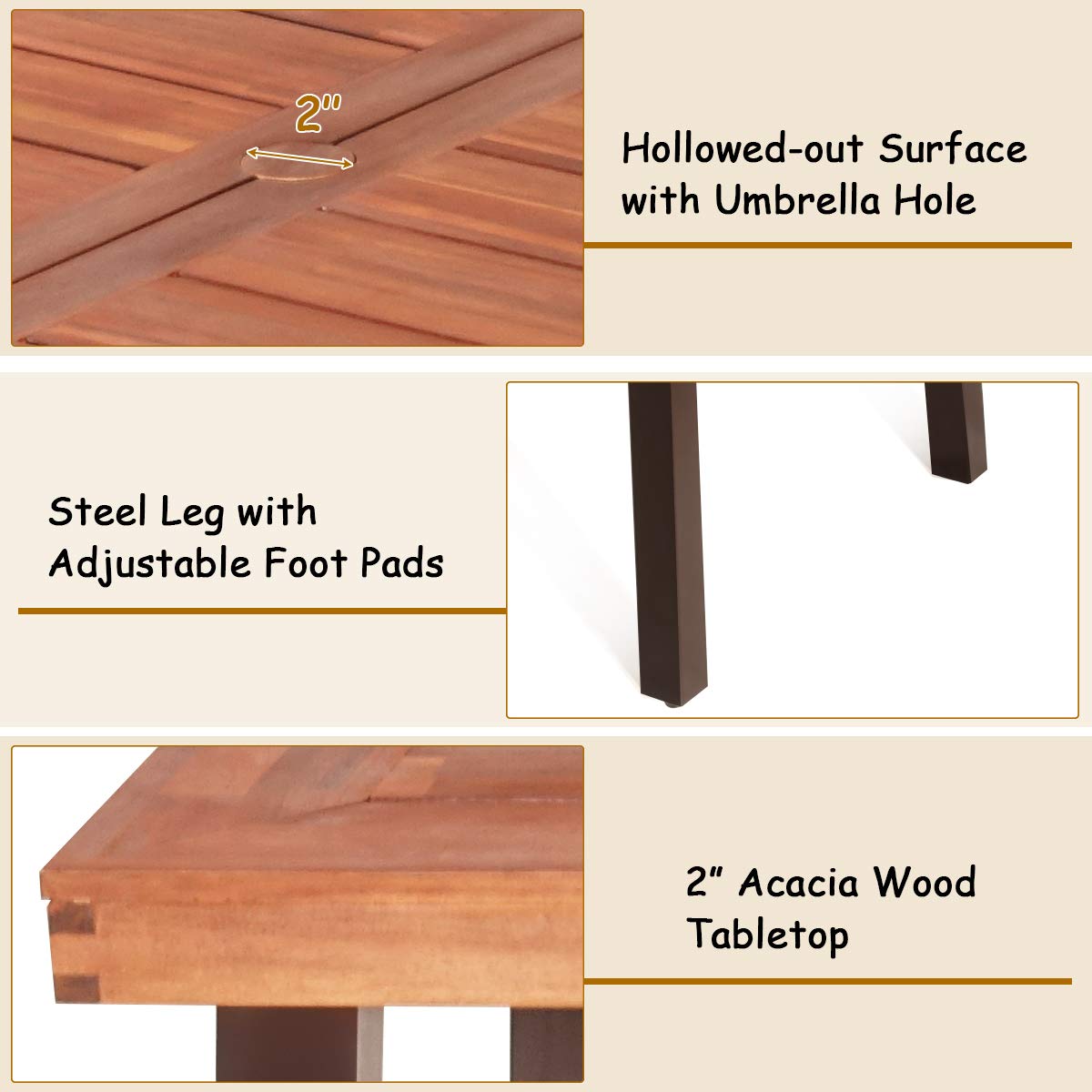 Giantex Patio Dining Table with Umbrella Hole, Outdoor Picnic Table for Backyard, Garden, Lawn, Farmhouse, Acacia Wood Rectangular Table with Metal Legs, Rustic Brown Giantex