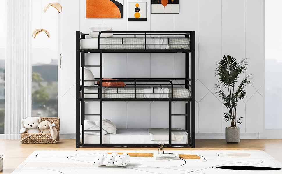 Harper & Bright Designs Triple Bunk Bed for Kids,Twin Over Twin Over Twin Metal Bunkbeds with Ladder for Kids Teens Bedroom, No Box Spring Needed, Easy Assembly, Black Harper & Bright Designs