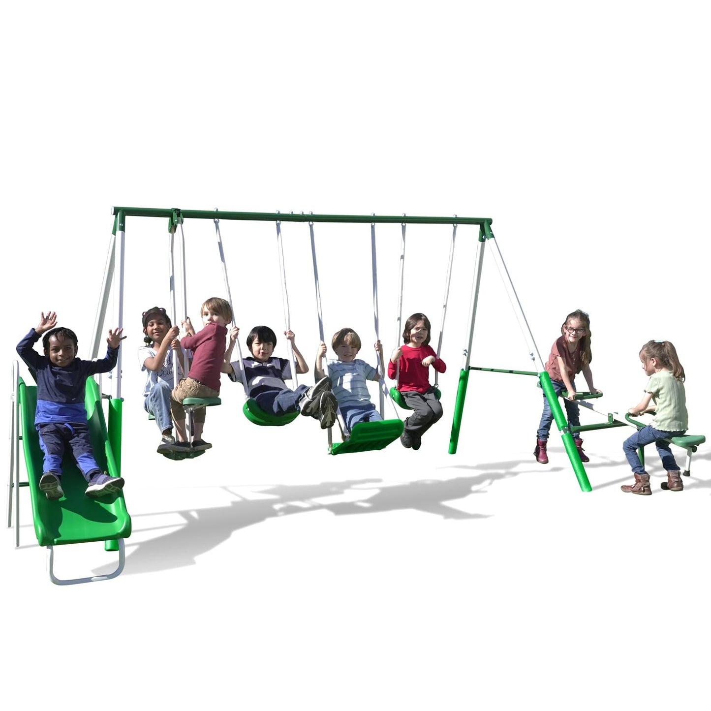 Sportspower Park Ridge Metal Swing Set: 2 Swings/Standing Swing, 2 Person Roman Glider Swing, Teeter Totter and 5' Wavy Slide, EXCEEDS ASTM Safety Standards *Bonus 4pc Anchor Kit*