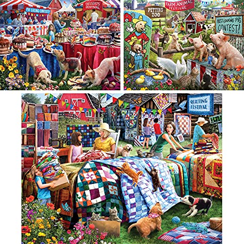 Bits and Pieces – Value Set of Three Jigsaw Puzzles for Adults – Desserts, Farm Animals & Quilting Festival by Larry Jones – Random Die-Cut Pieces, Recycled Cardboard (Three 500 Piece Puzzles)