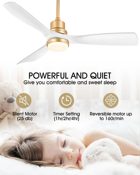 White and Gold Ceiling Fans with Lights Remote Control, 52 inch Modern Gold Ceiling Fan ETL Listed, 3 Downrods, 3 blades Gold Fan Reversible Quiet DC Motor, Timer, 6-Speed for Outdor Patio Bedroom Forrovenco
