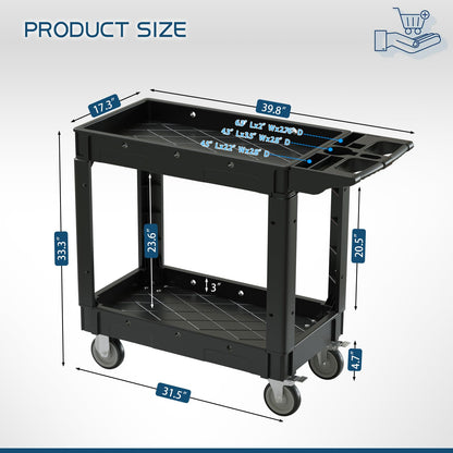 2 Tier Plastic Rolling Cart Utility Cart on Wheels, Heavy Duty Tool Cart with Ergonomic Storage Handle and Deep Shelfs, Work Cart Service Cart for