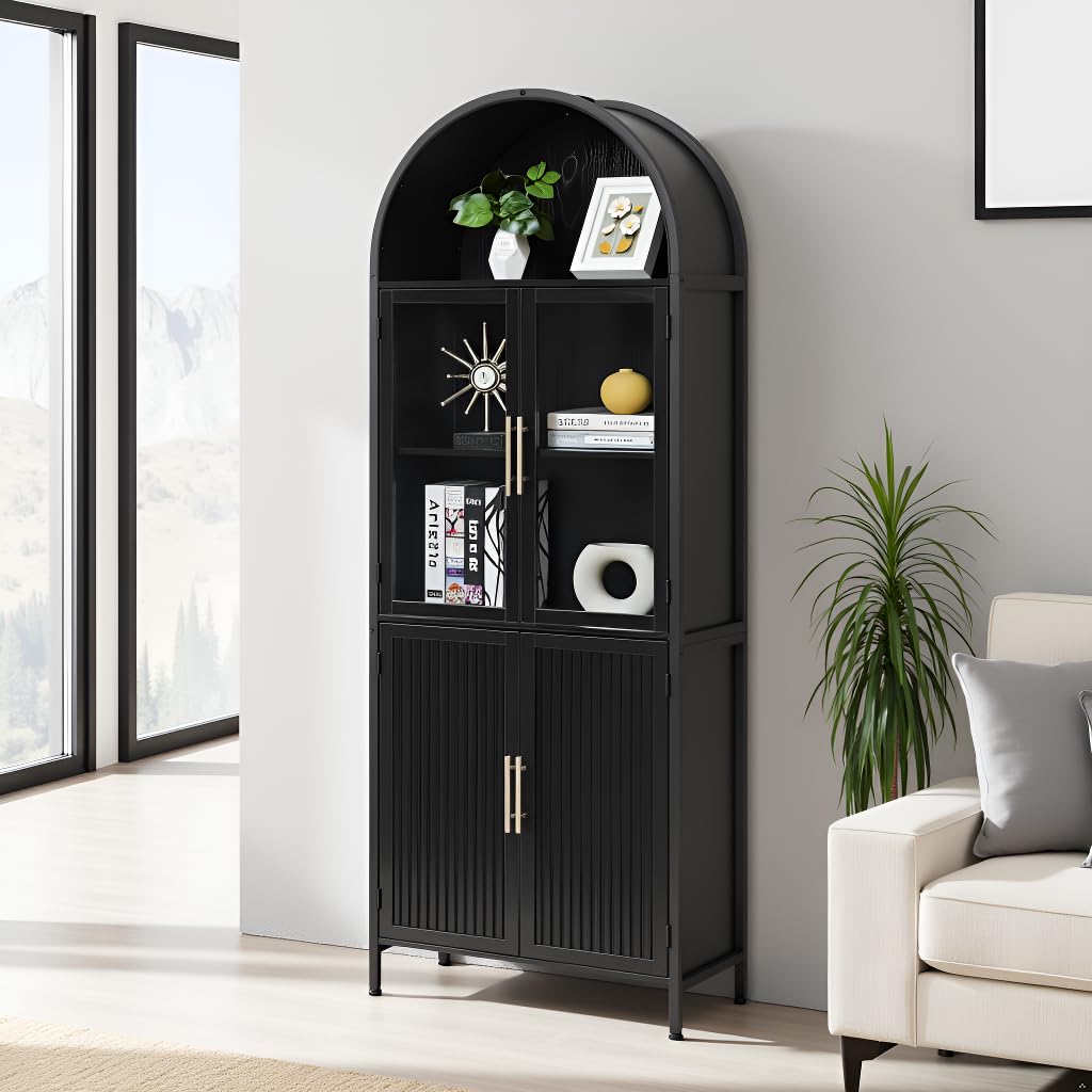 HUSHEDIFY Arched Bookcase Book Shelf with Glass Doors, 5 Tier Tall Display Bookshelf Cabinet with Storage, Industrial Floor Standing Bookshelves Open bookcases for Home Office, Living Room(Black) HUSHEDIFY