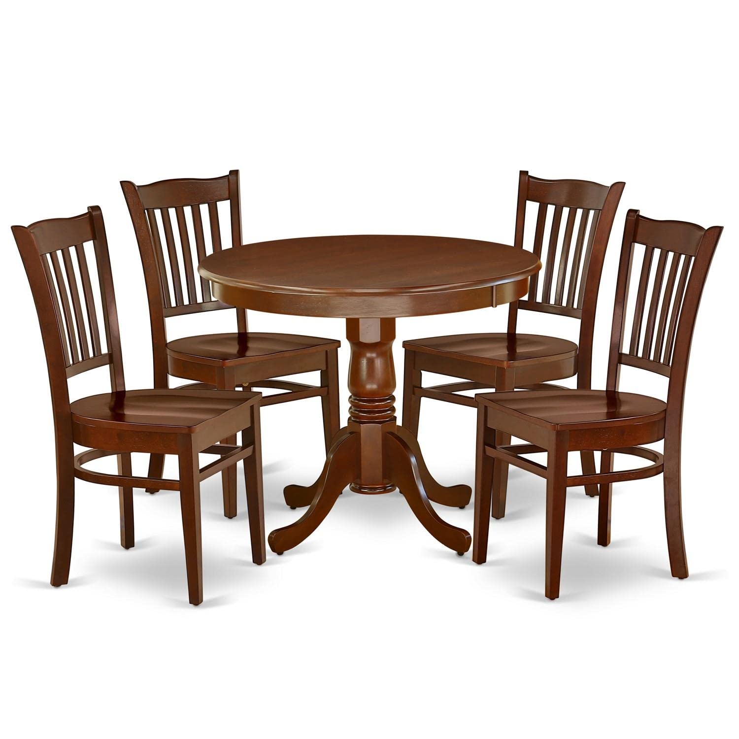 East West Furniture ANGR5-MAH-W 5 Piece Room Set Includes a Round Kitchen Table with Pedestal and 4 Dining Chairs, 36x36 Inch - WoodArtSupply