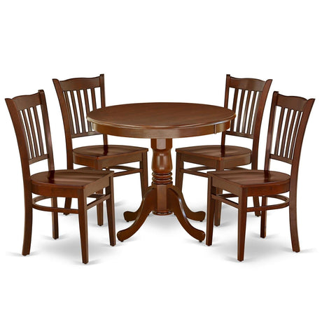 East West Furniture ANGR5-MAH-W 5 Piece Room Set Includes a Round Kitchen Table with Pedestal and 4 Dining Chairs, 36x36 Inch East West Furniture