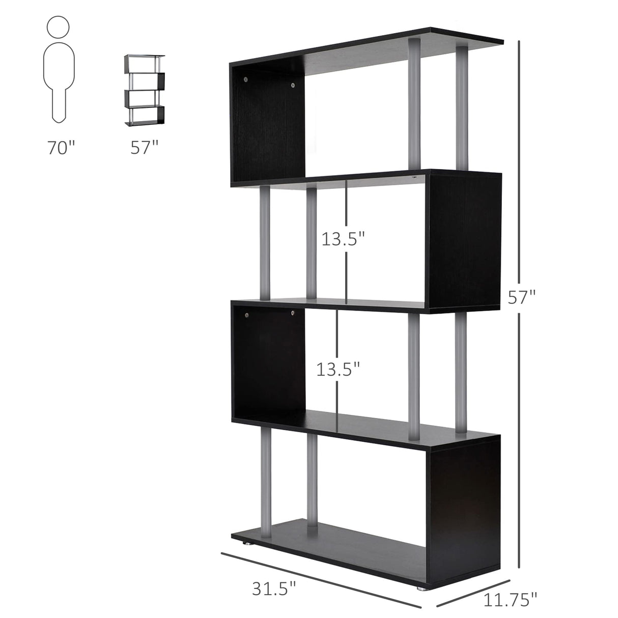 HOMCOM Modern S-Shaped 5 Tier Room Dividing Bookcase Wooden Storage Display Stand Shelf - Black HOMCOM
