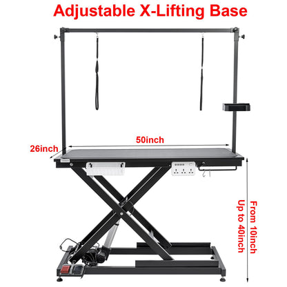 CIRONBOW 50'' Electric Dog Grooming Table, Adjustable X Lift Heavy Duty Dog Grooming Table for Large Dogs with Anti-Skid Tabletop & Grooming Scissors & Wireless Remote &Tool Organizer & Arms, Black