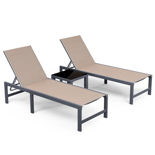 Amopatio Patio Chaise Lounge Set of 3, 24.4" Wider Outdoor Lounge Chairs with Table, Textilene Pool Chaise Lounge for Sun Tanning Lay Flat Poolside Lounger for Beach, Lawn, Brown - WoodArtSupply