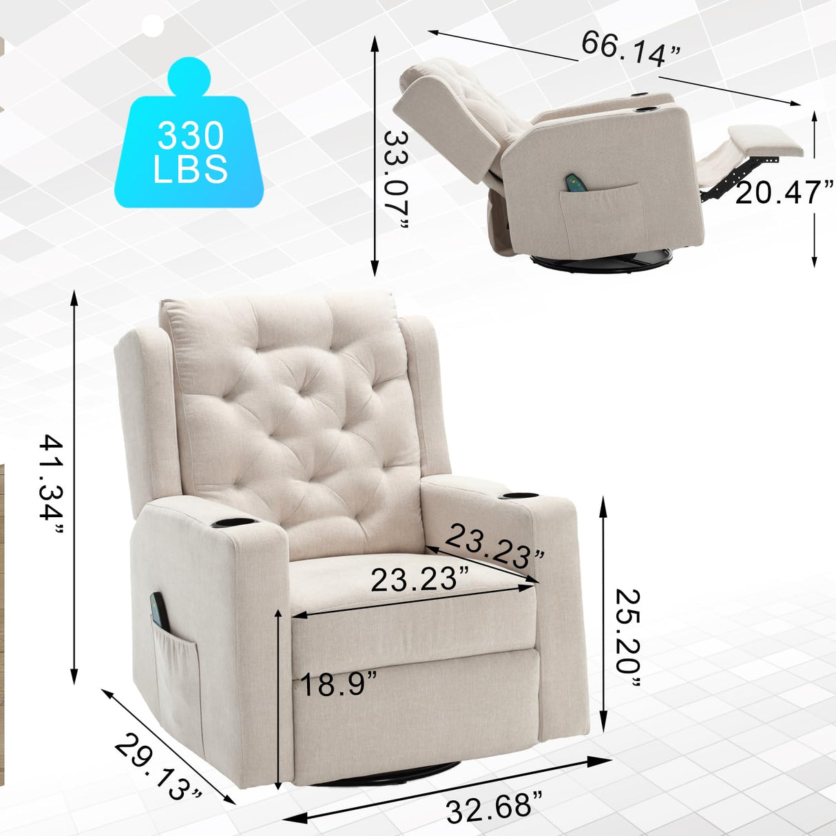 Comermax Oversized Massage Recliner Chair Swivel Rocker Recliner for Adult, Wide Seat Fabric Reclining Chair, Manual Recliner Chair with Cup Holder, Glider Rocking Chair for Nursery, Beige Comermax