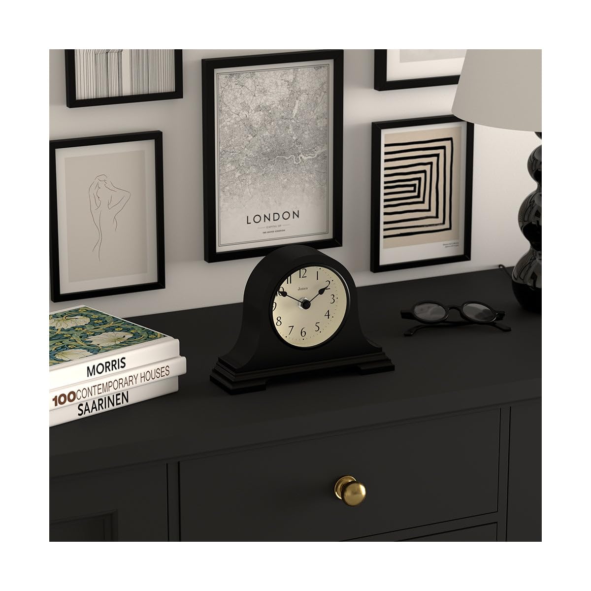 JONES CLOCKS® Speakeasy Mantel Clock | Classic Napoleon’s hat Design | Black | Contemporary Classic Style for Desk, Table, Shelf or Bedside JONES CLOCKS
