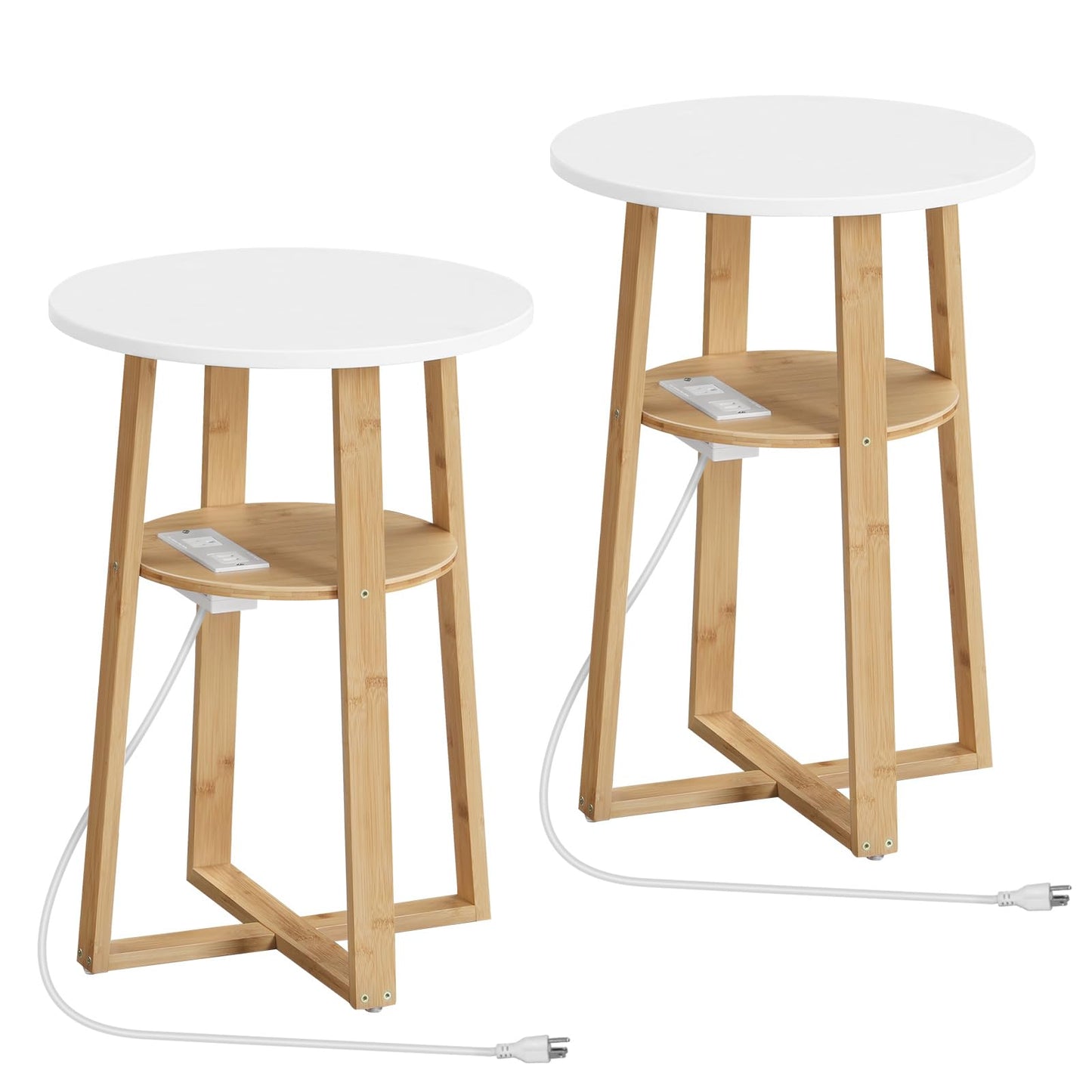 HOOBRO Set of 2 Round Side Tables with Charging Station, Round Accent End Table with Bamboo Legs for Living Room, Bedroom, White and Natural YW101UBZP201